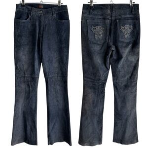 Danier Suede Leather Bootcut Pants Sz 4 28/32 Grey Blue Flare Embroidered GUC